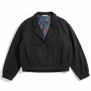 Jessica Scott Black Faux Suede Bomber Jacket, Floral Lining, Women's Small, Vtg